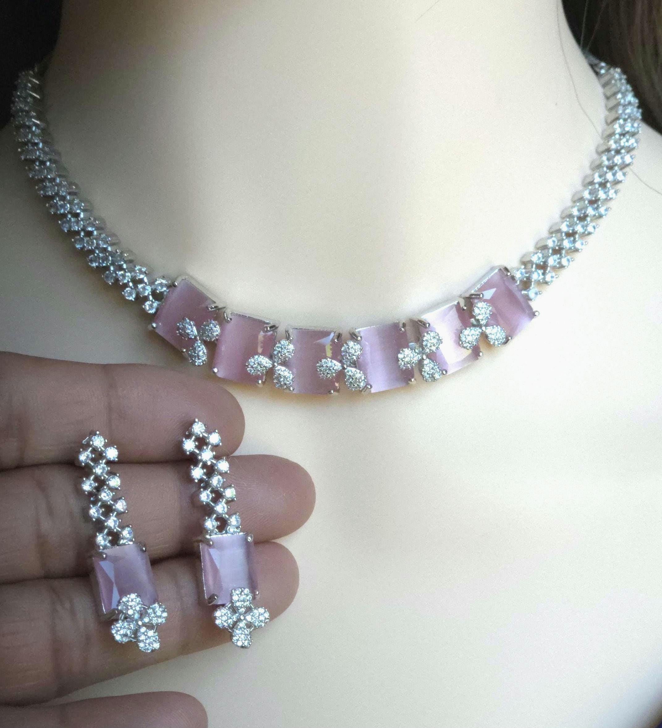 Emerald Cut CZ Necklace Set Blue Pink Green Red Bridal Jewelry Simra