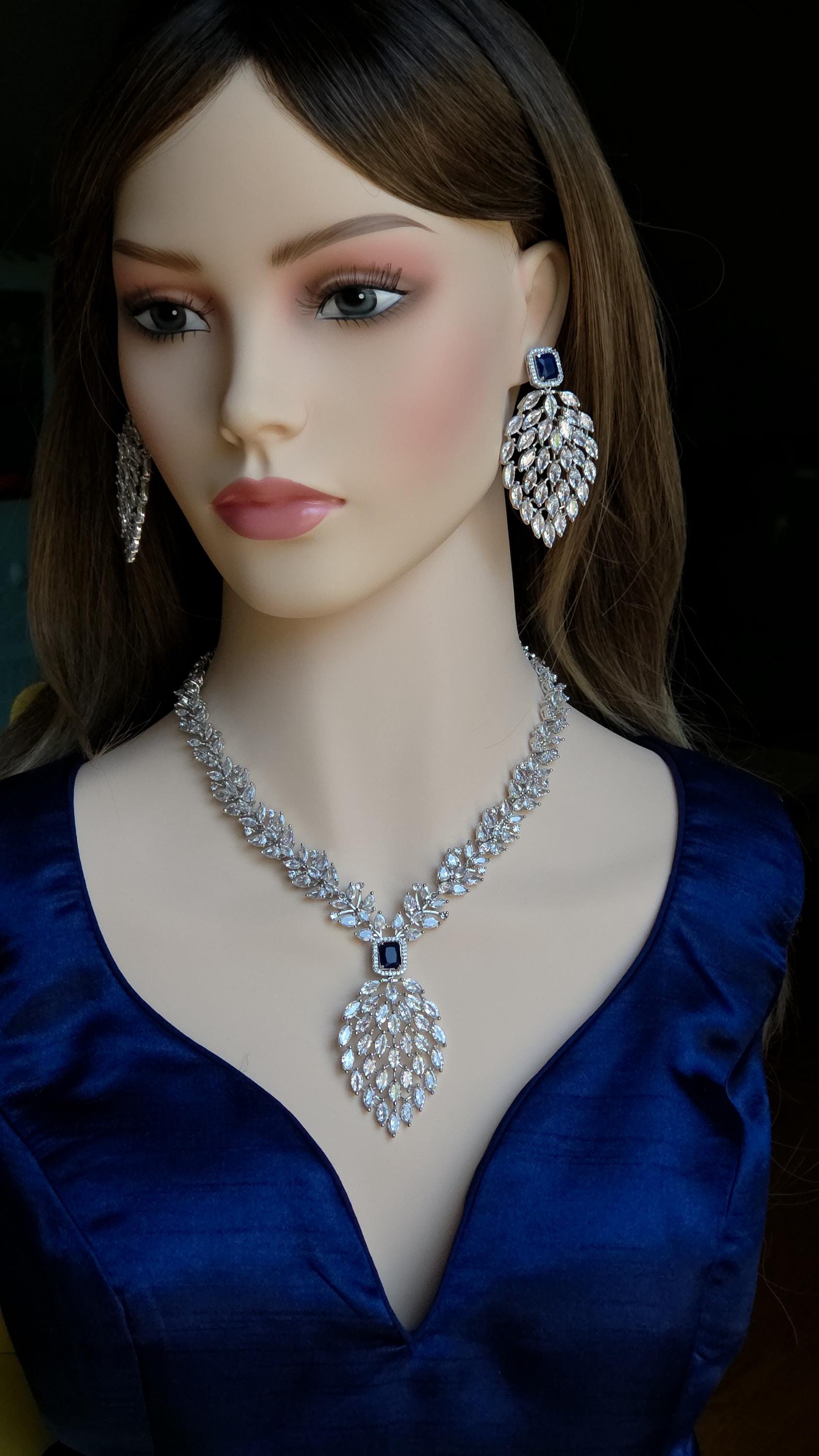 Marquise CZ Waterfall Necklace Set Magenta Blue Indian Wedding Jewelry Sahar