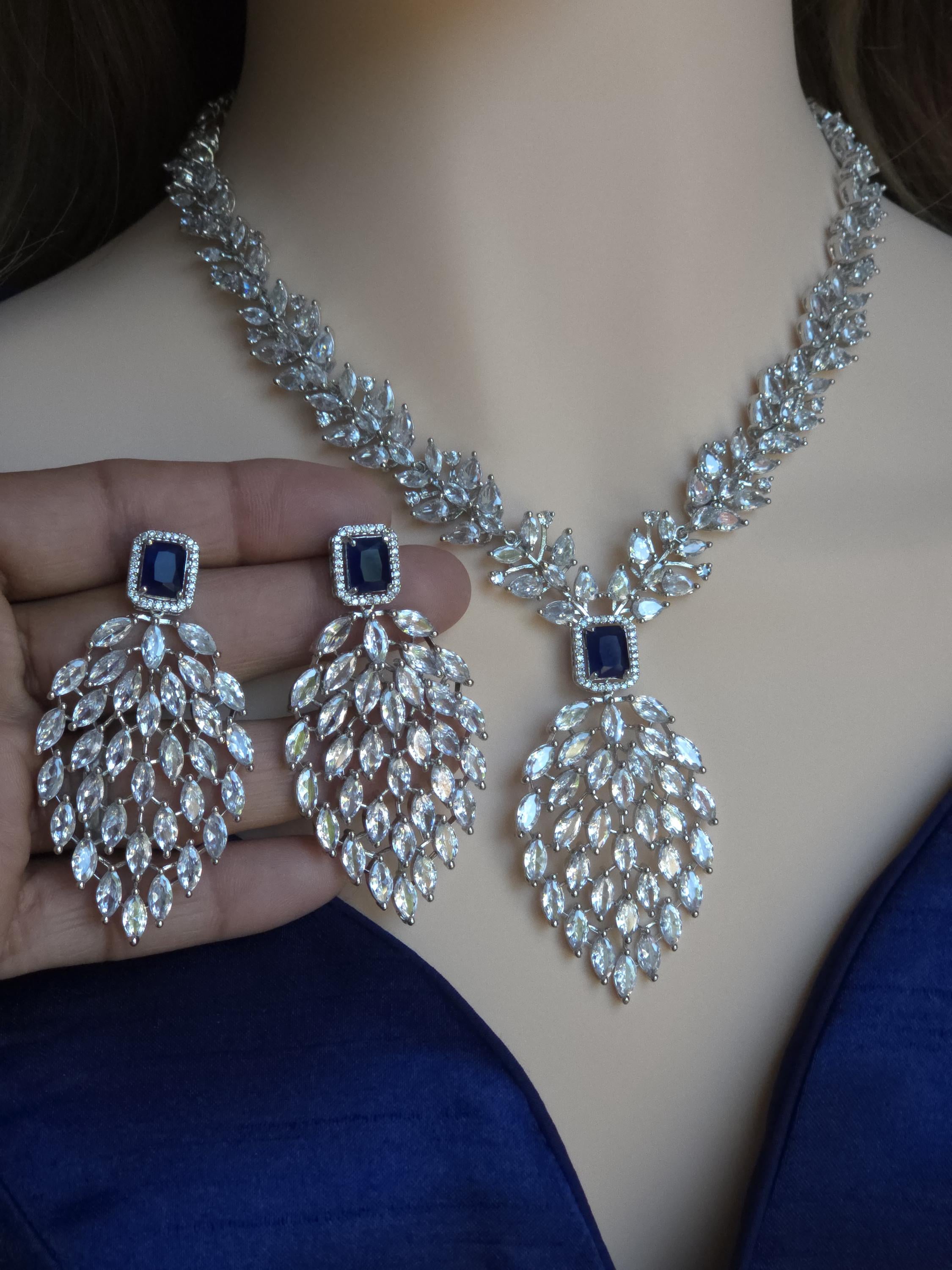 Marquise CZ Waterfall Necklace Set Magenta Blue Indian Wedding Jewelry Sahar