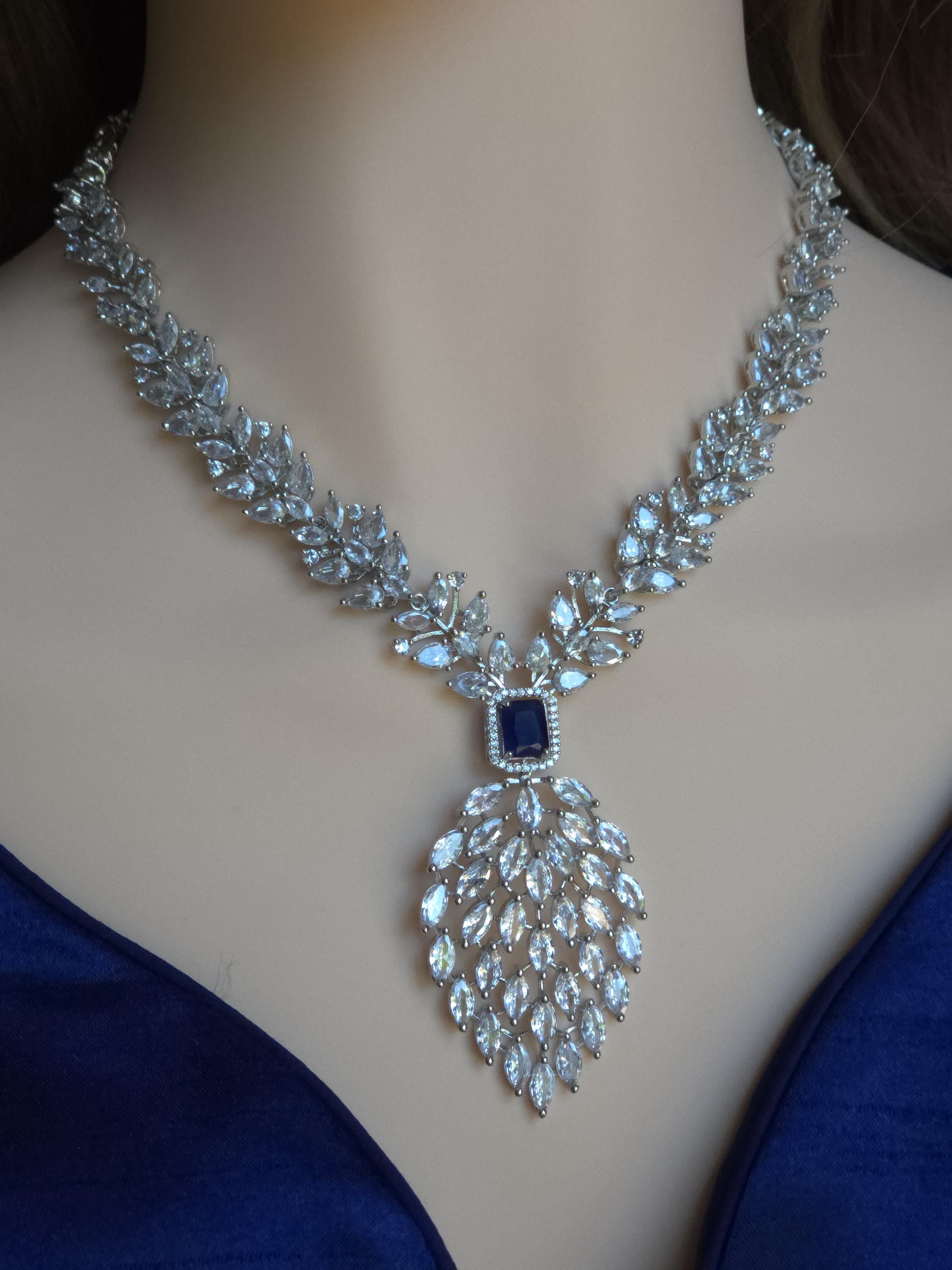 Marquise CZ Waterfall Necklace Set Magenta Blue Indian Wedding Jewelry Sahar