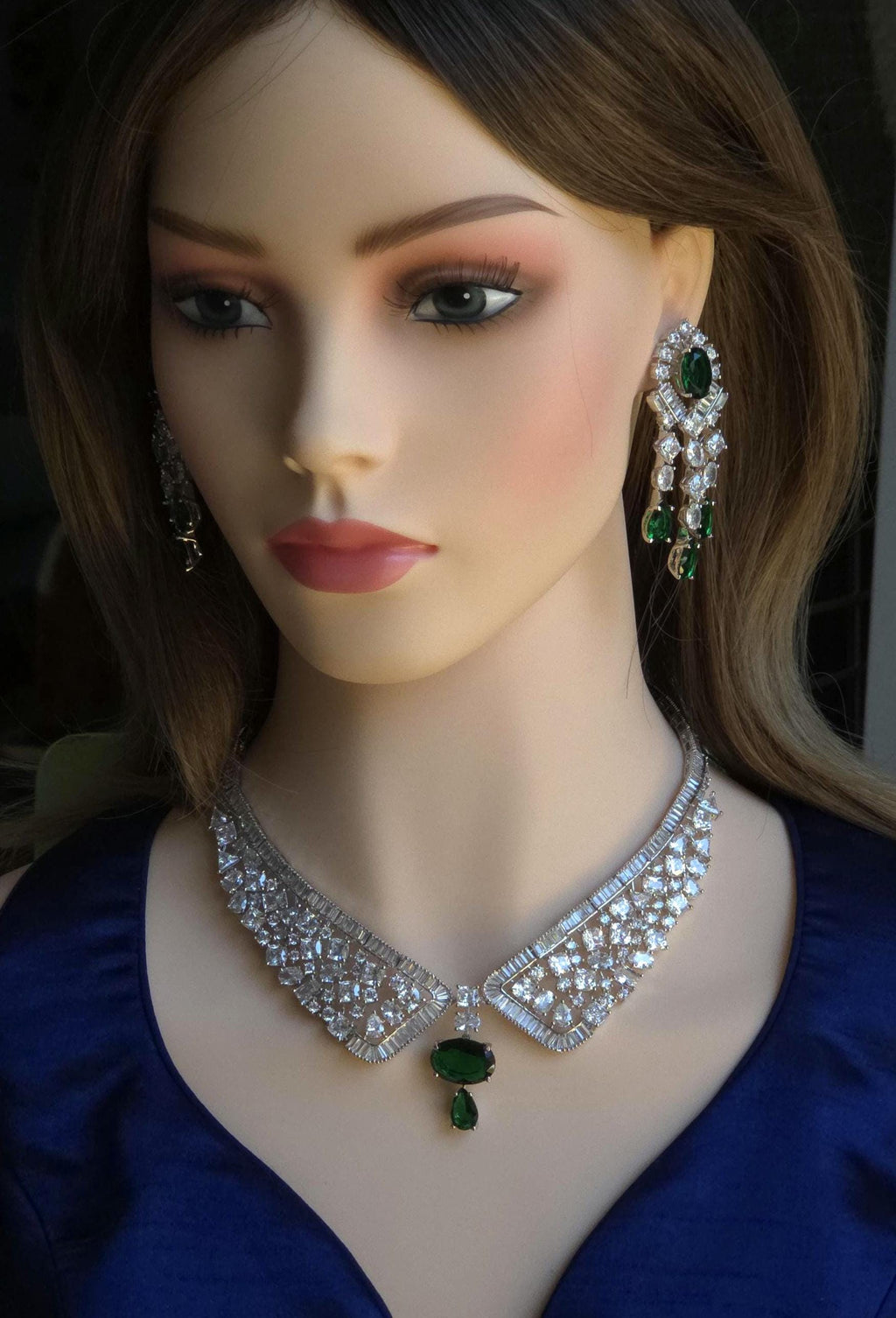 Emerald Green CZ Collar Necklace Set Bridal Evening Jewelry Rania