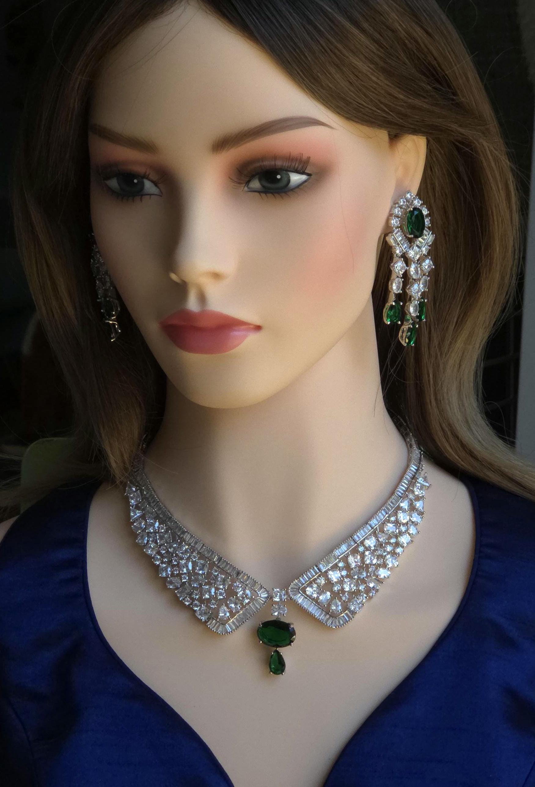 Emerald Green CZ Collar Necklace Set Bridal Evening Jewelry Rania