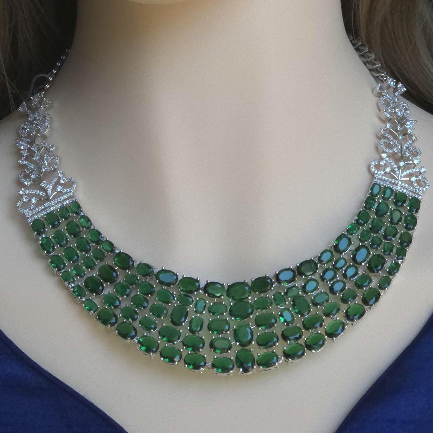 Emerald Green Multi-Row Collar Choker Necklace Set Bridal CZ Jewelry Anaya
