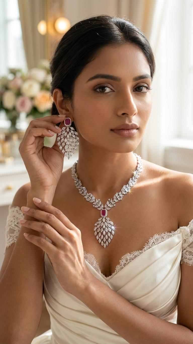 Marquise CZ Waterfall Necklace Set Magenta Blue Indian Wedding Jewelry Sahar