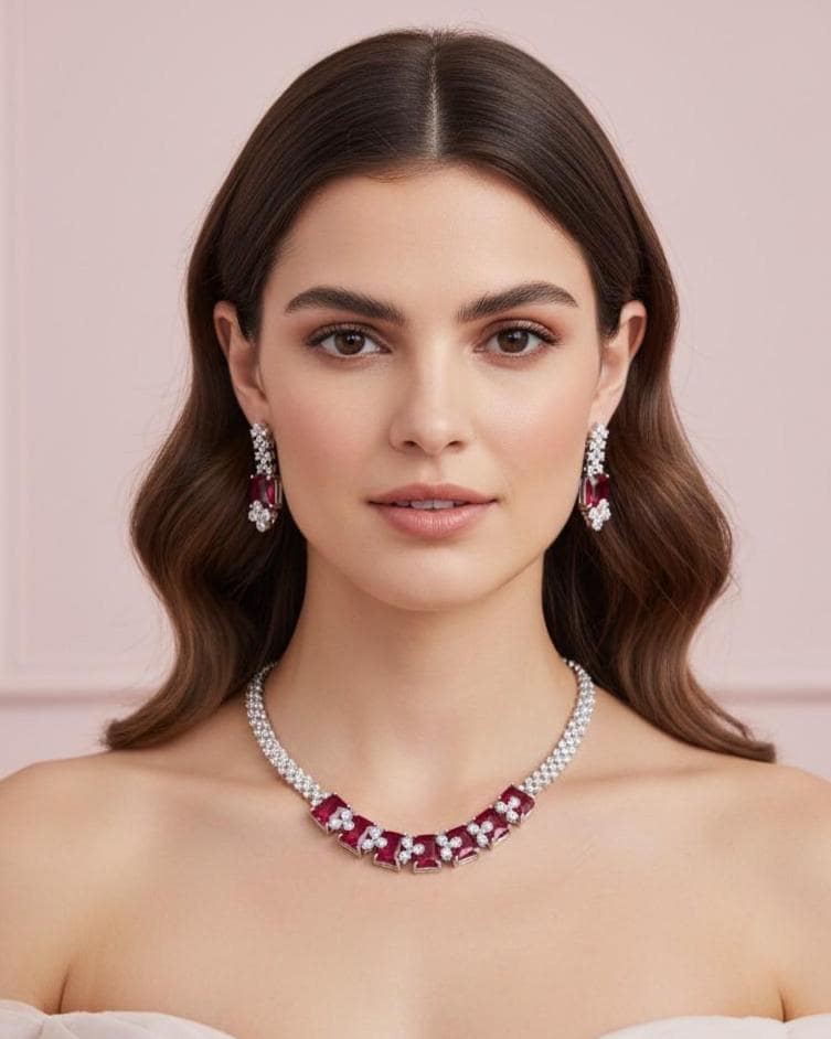 Emerald Cut CZ Necklace Set Blue Pink Green Red Bridal Jewelry Simra