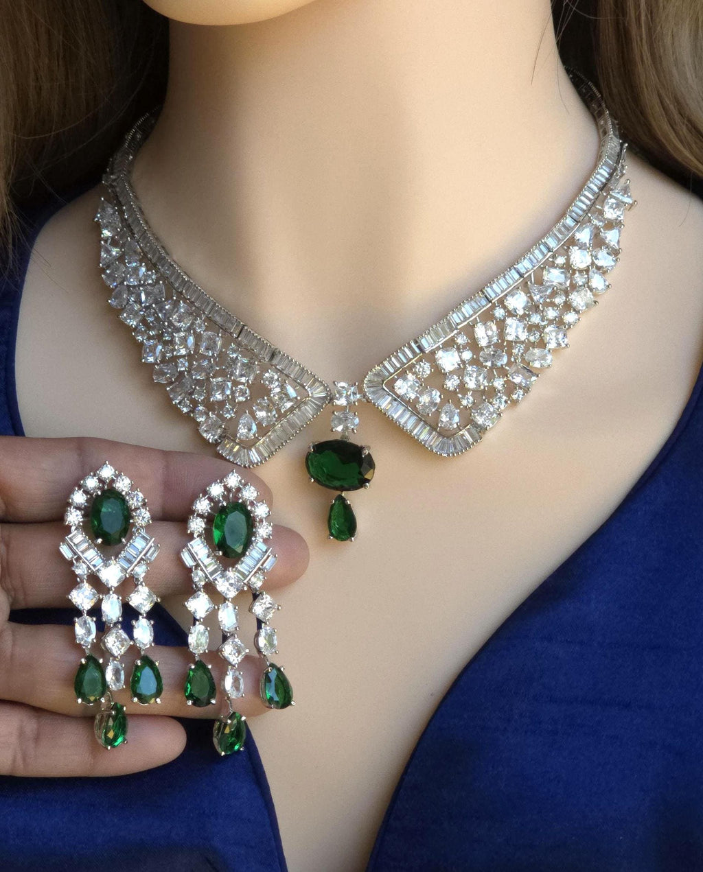 Emerald Green CZ Collar Necklace Set Bridal Evening Jewelry Rania