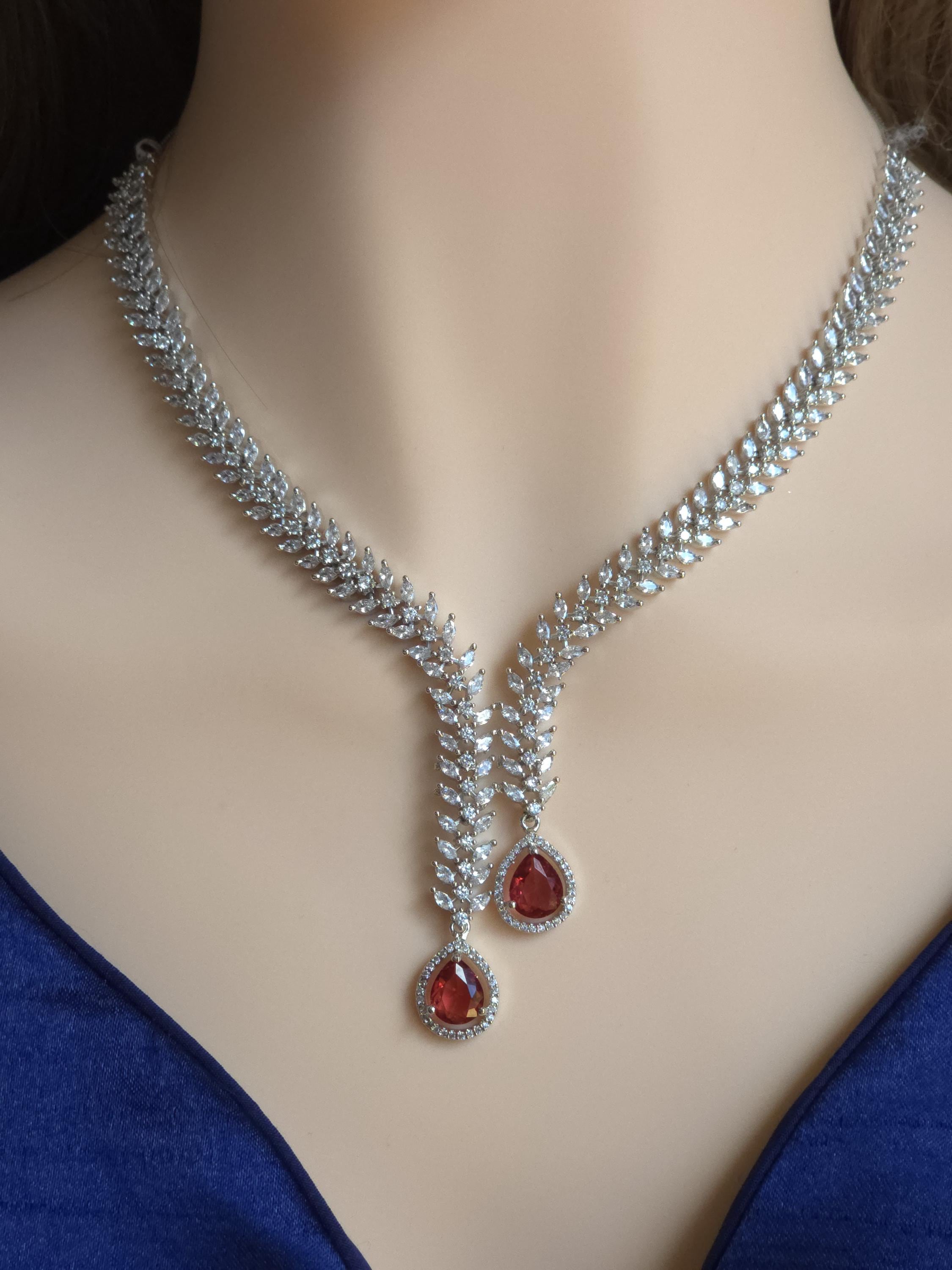 CZ Teardrop Necklace Set Red Blue Indian Wedding Jewelry Diya