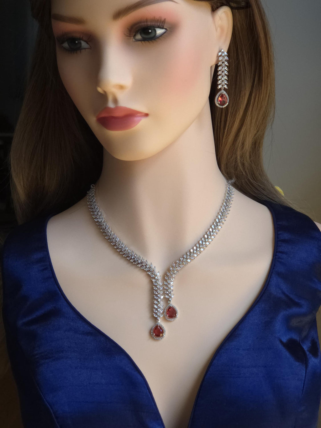 CZ Teardrop Necklace Set Red Blue Indian Wedding Jewelry Diya