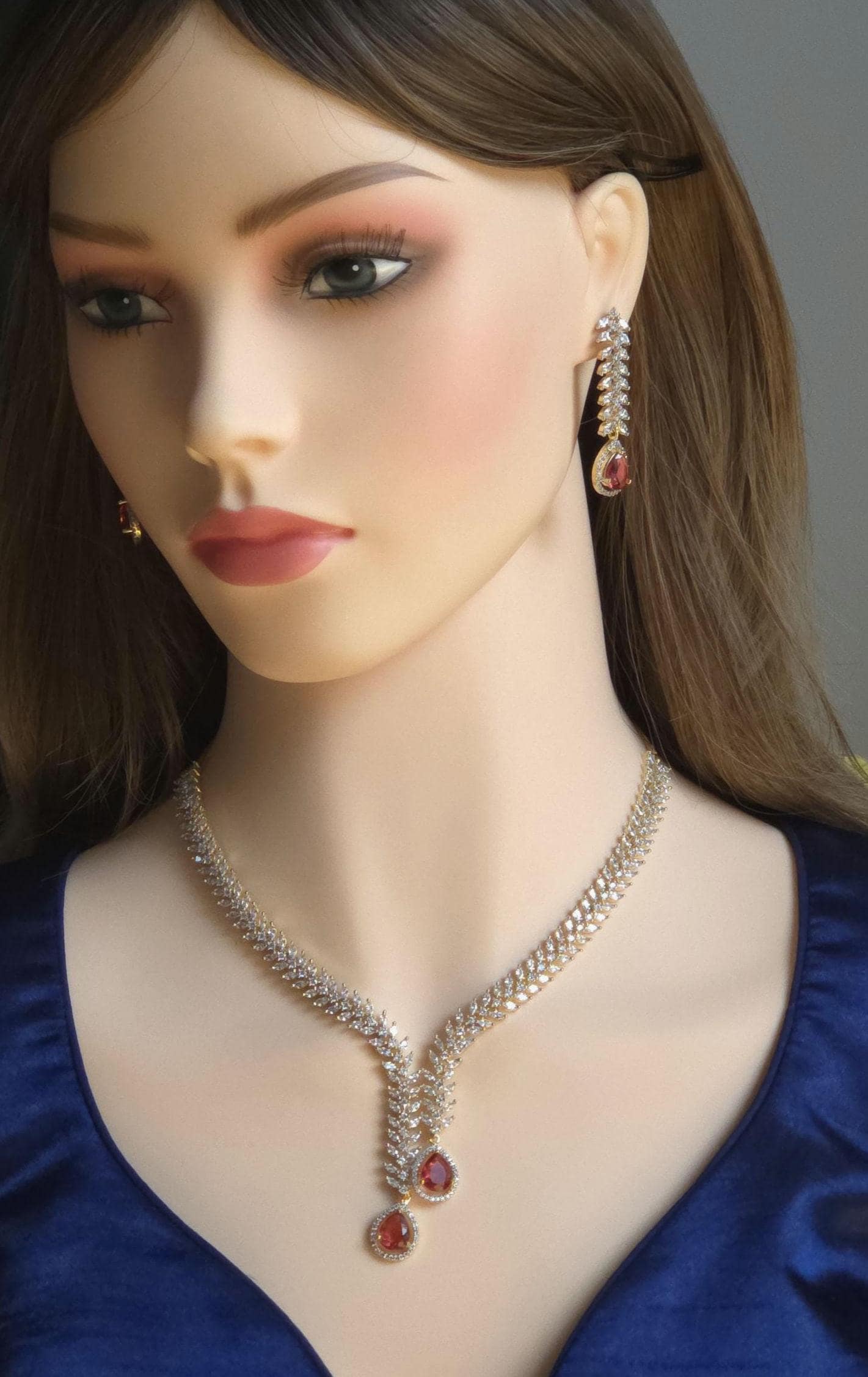 CZ Teardrop Necklace Set Red Blue Indian Wedding Jewelry Diya