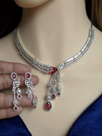 Silver CZ Lariat Necklace Set Red Green Blue Indian Wedding Jewelry Zeba