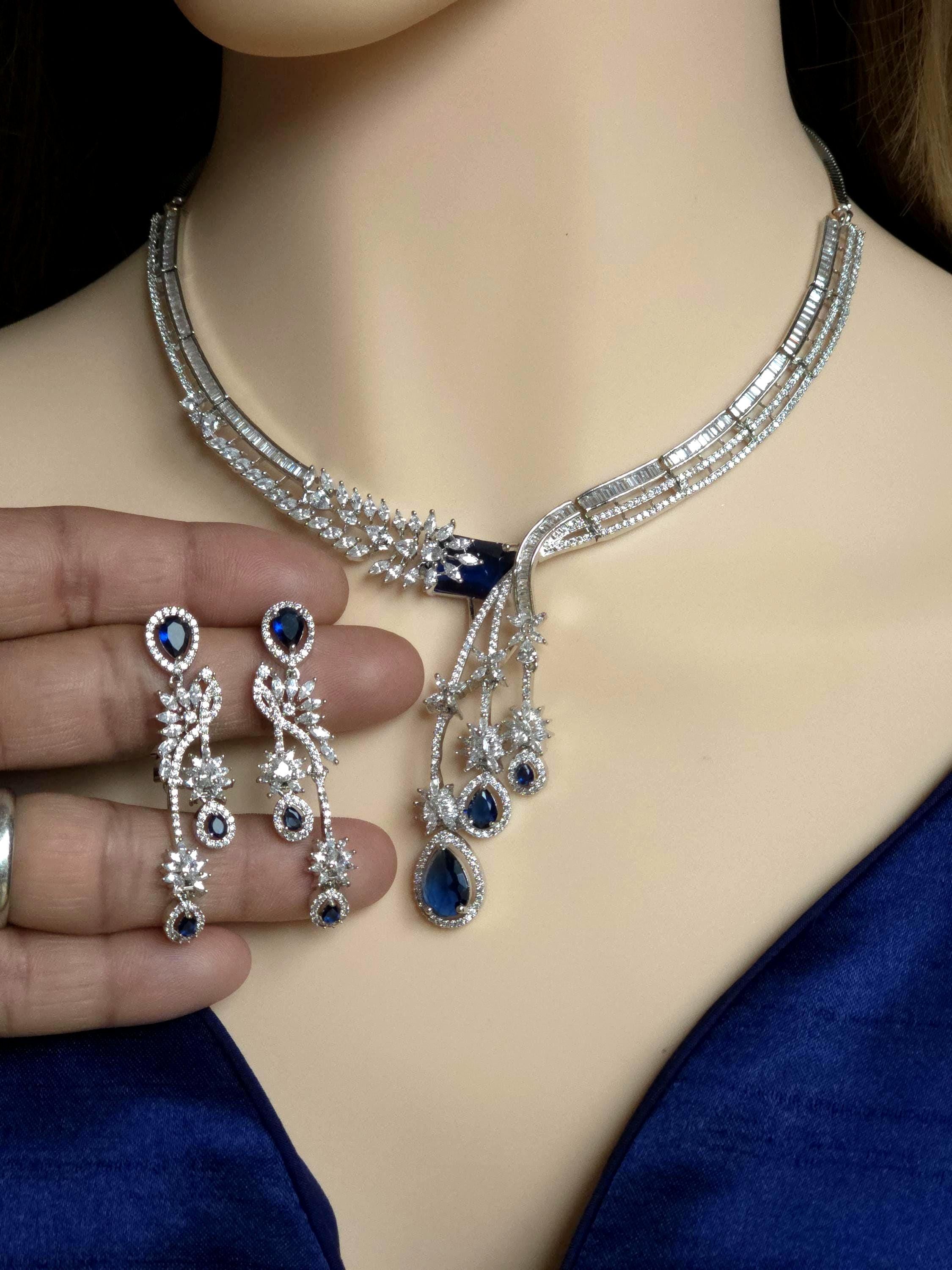 Silver CZ Lariat Necklace Set Red Green Blue Indian Wedding Jewelry Zeba