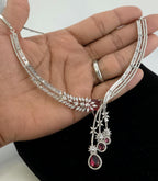 Silver CZ Lariat Necklace Set Red Green Blue Indian Wedding Jewelry Zeba