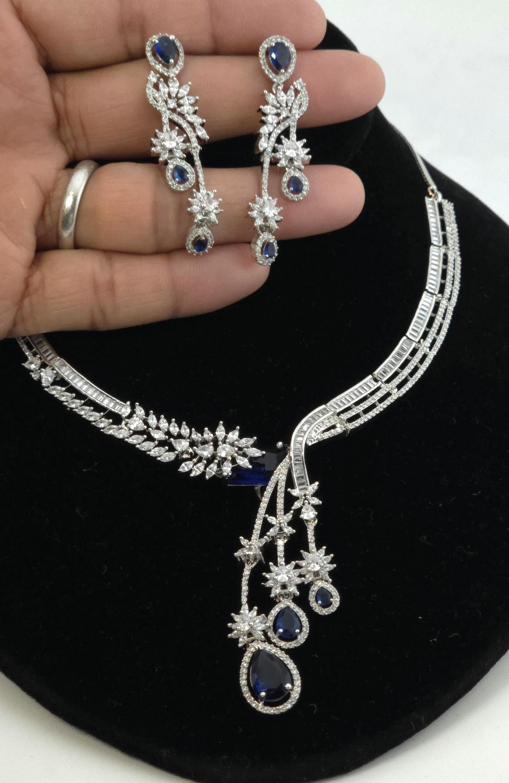 Silver CZ Lariat Necklace Set Red Green Blue Indian Wedding Jewelry Zeba