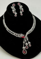 Silver CZ Lariat Necklace Set Red Green Blue Indian Wedding Jewelry Zeba