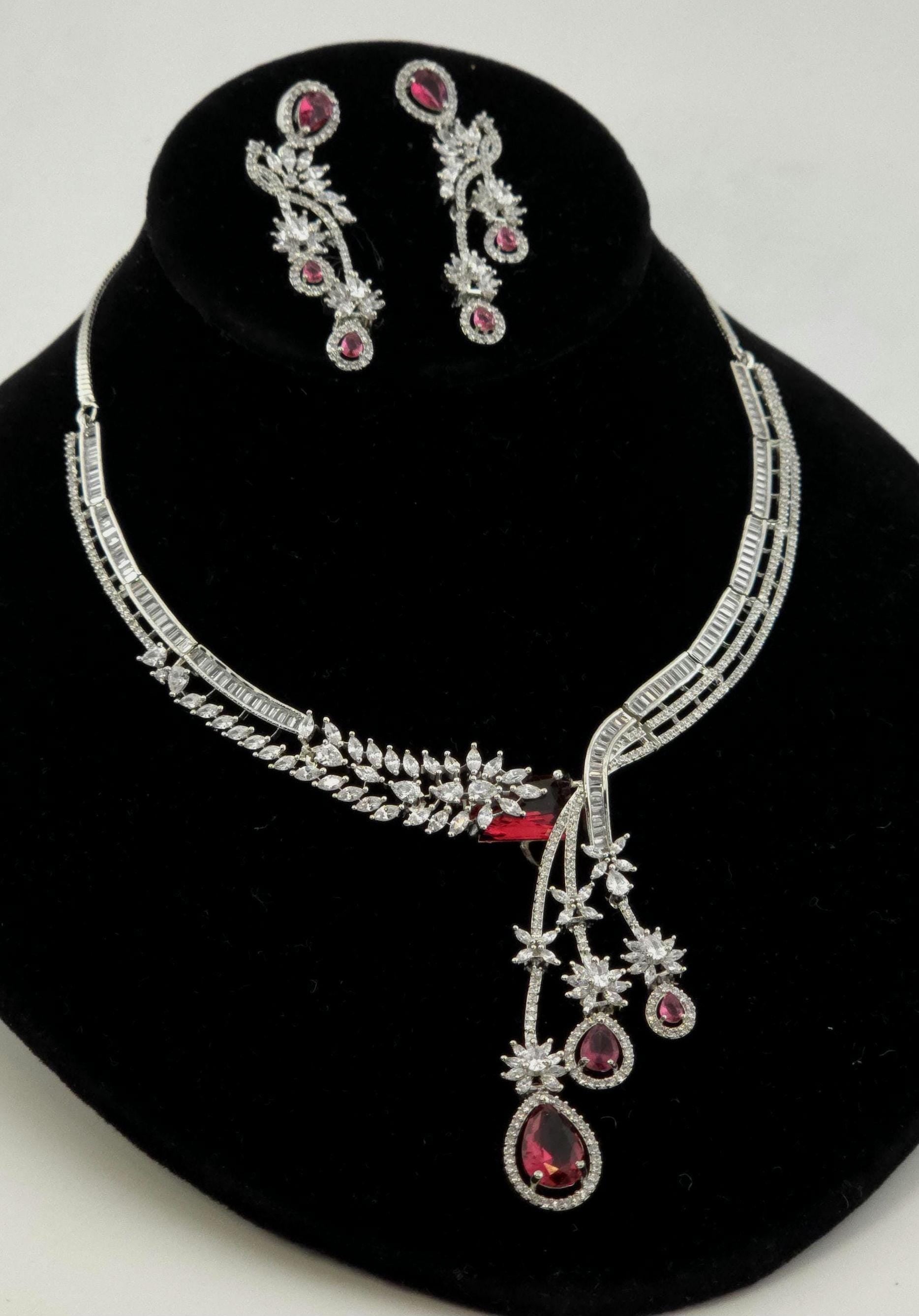 Silver CZ Lariat Necklace Set Red Green Blue Indian Wedding Jewelry Zeba