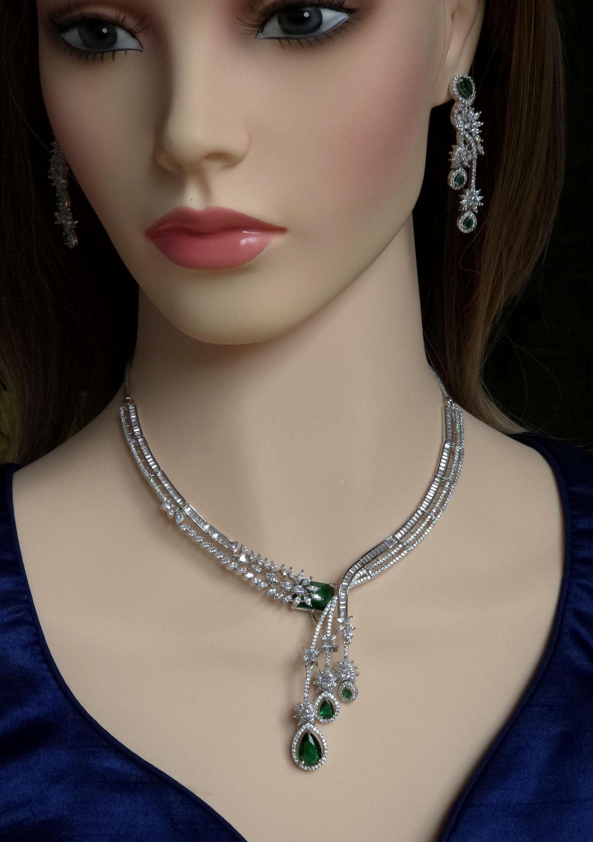 Silver CZ Lariat Necklace Set Red Green Blue Indian Wedding Jewelry Zeba