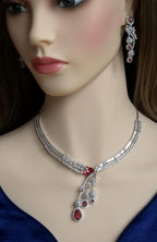 Silver CZ Lariat Necklace Set Red Green Blue Indian Wedding Jewelry Zeba
