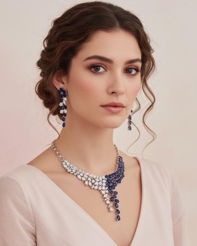 Floral CZ Bridal Necklace Set Indian Pakistani Wedding Jewelry Ruhi