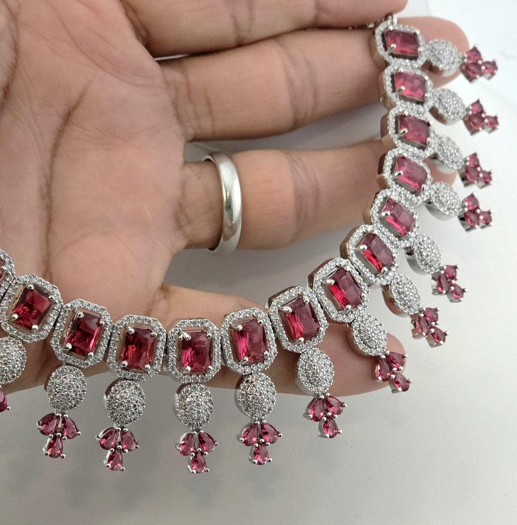 CZ Choker Necklace Set Pink Green Red Indian Bridal Jewelry Jiya