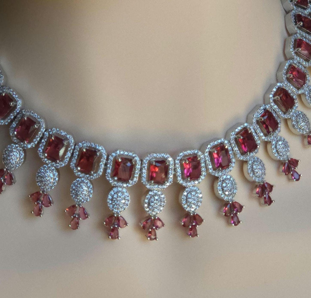 CZ Choker Necklace Set Pink Green Red Indian Bridal Jewelry Jiya