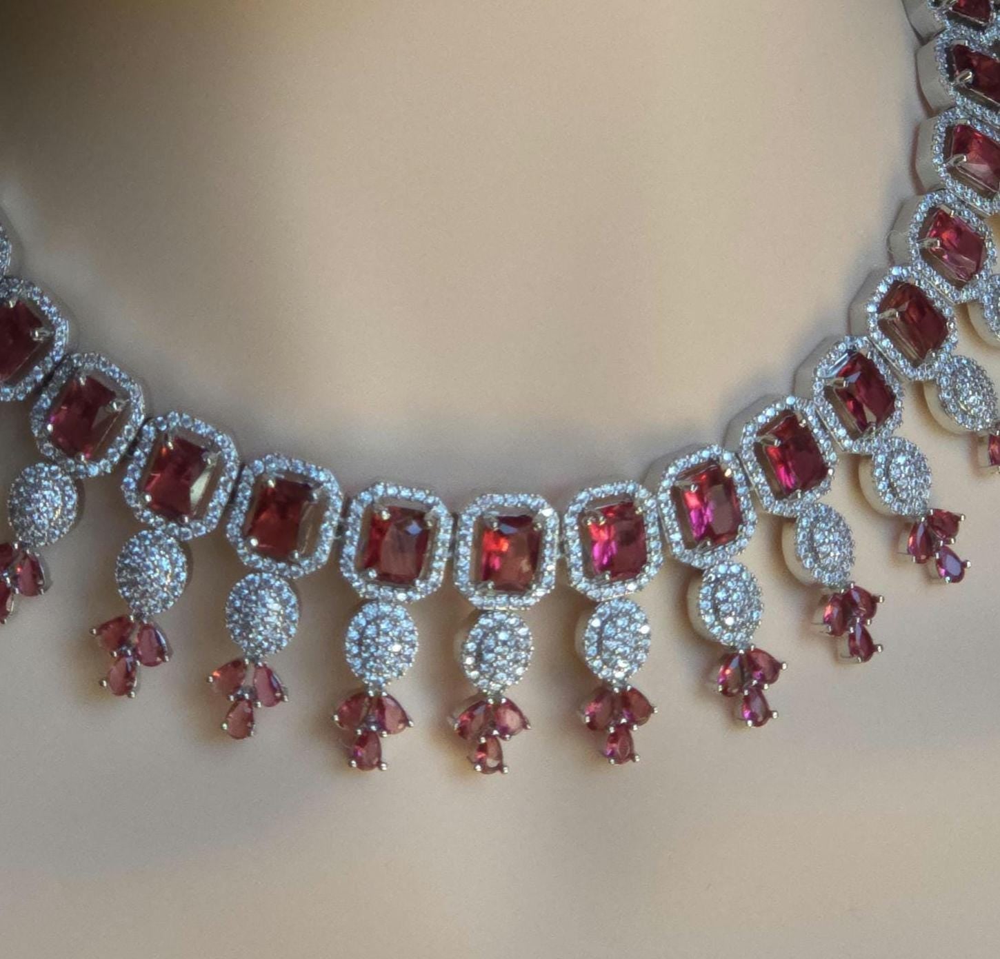 CZ Choker Necklace Set Pink Green Red Indian Bridal Jewelry Jiya