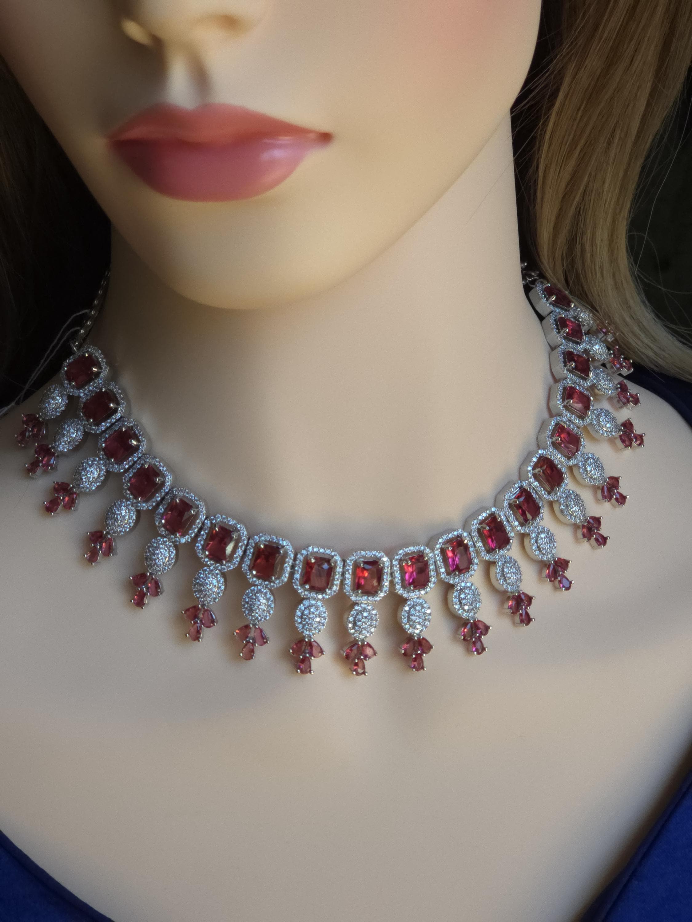 CZ Choker Necklace Set Pink Green Red Indian Bridal Jewelry Jiya