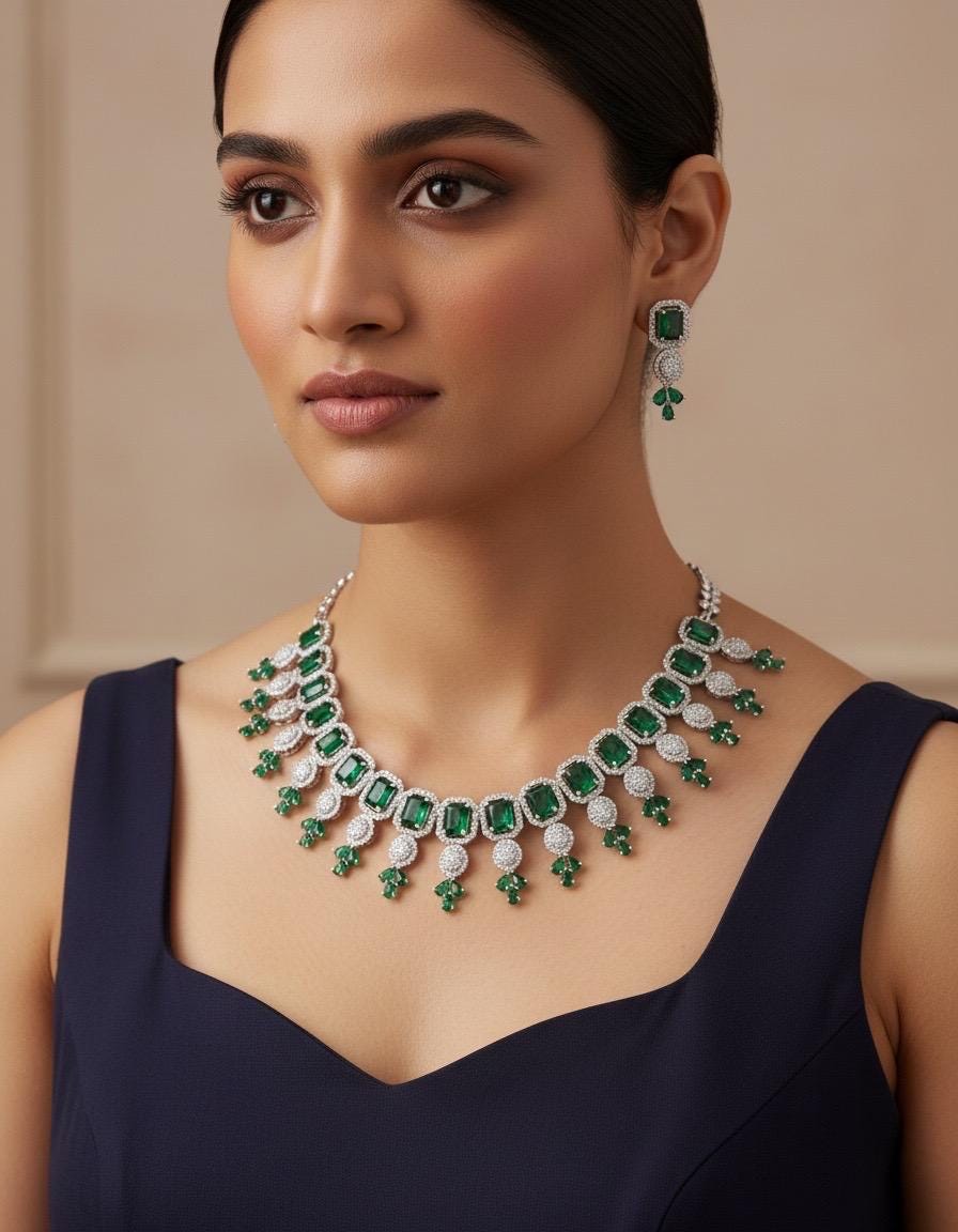 CZ Choker Necklace Set Pink Green Red Indian Bridal Jewelry Jiya