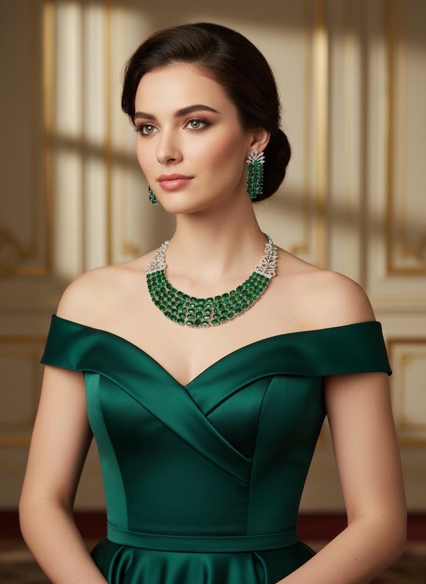 Emerald Green Multi-Row Collar Choker Necklace Set Bridal CZ Jewelry Anaya