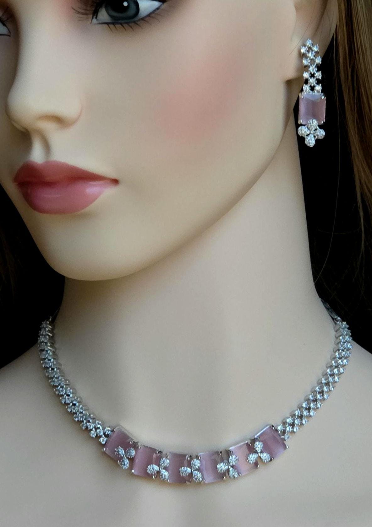 Emerald Cut CZ Necklace Set Blue Pink Green Red Bridal Jewelry Simra