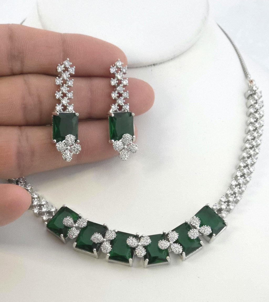 Emerald Cut CZ Necklace Set Blue Pink Green Red Bridal Jewelry Simra