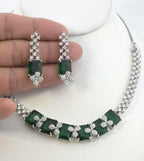 Emerald Cut CZ Necklace Set Blue Pink Green Red Bridal Jewelry Simra