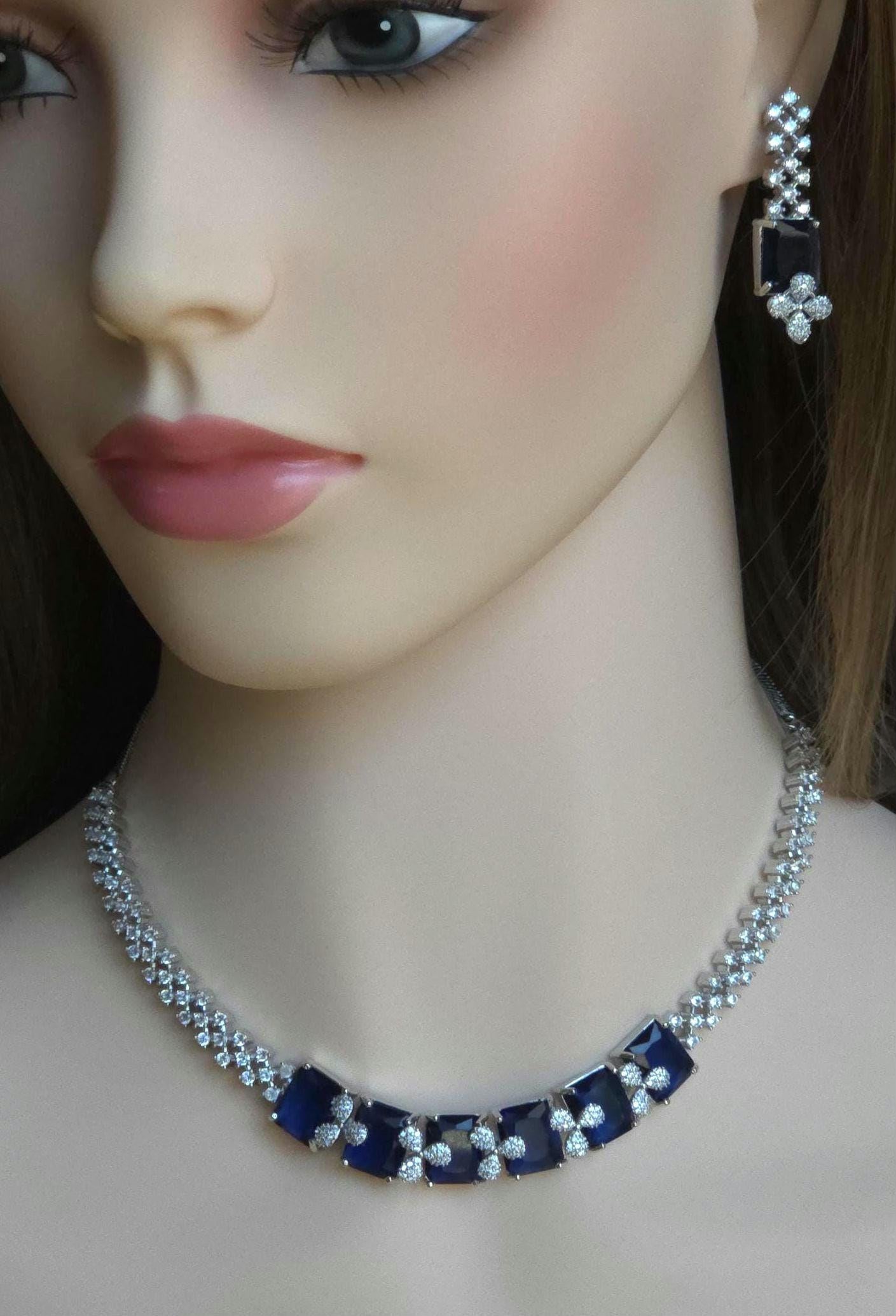 Emerald Cut CZ Necklace Set Blue Pink Green Red Bridal Jewelry Simra