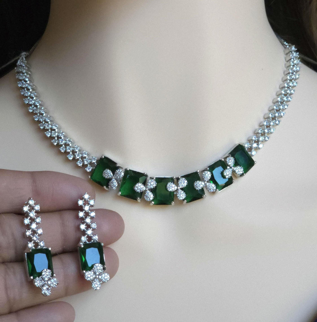 Emerald Cut CZ Necklace Set Blue Pink Green Red Bridal Jewelry Simra