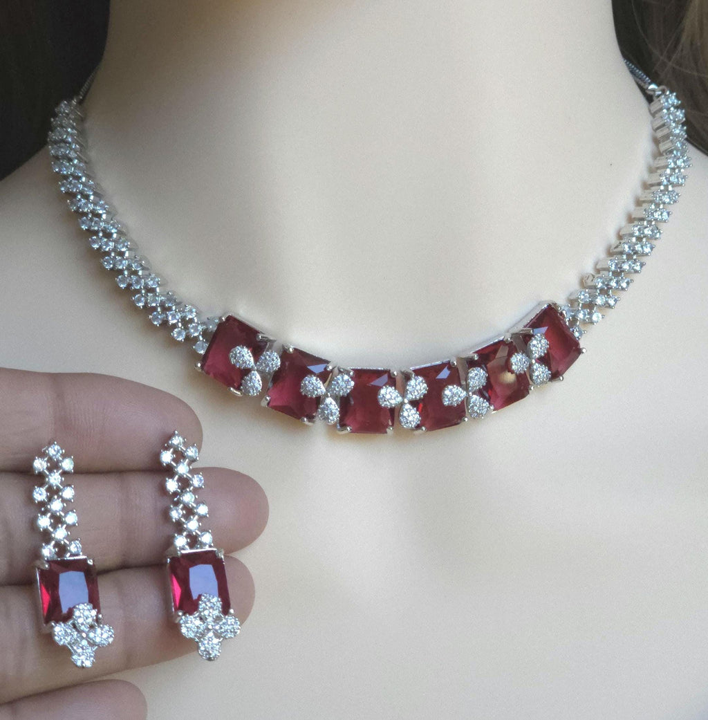Emerald Cut CZ Necklace Set Blue Pink Green Red Bridal Jewelry Simra