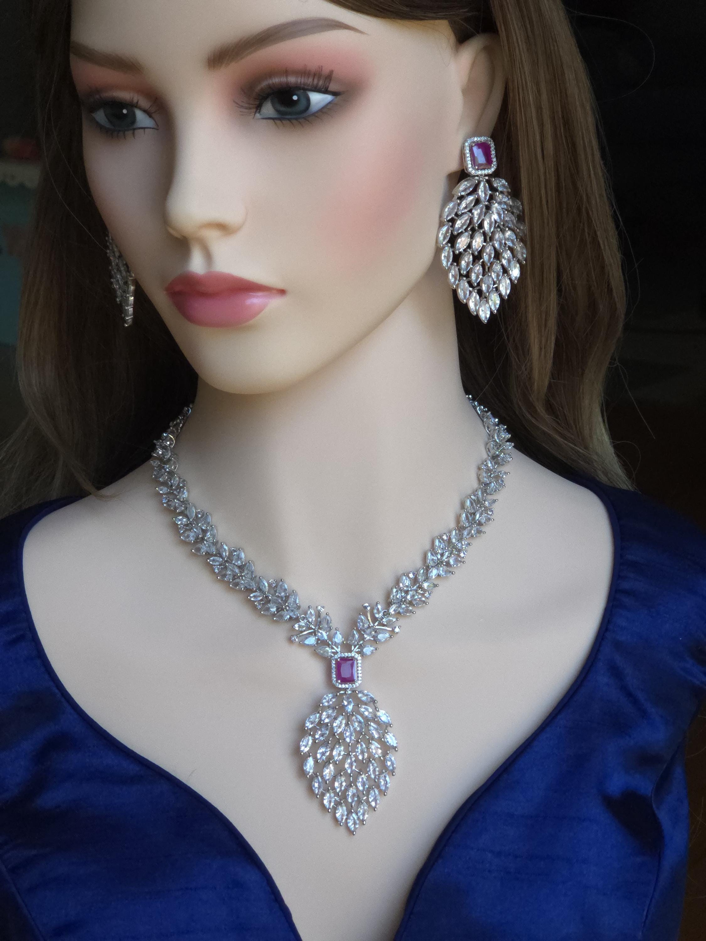 Marquise CZ Waterfall Necklace Set Magenta Blue Indian Wedding Jewelry Sahar