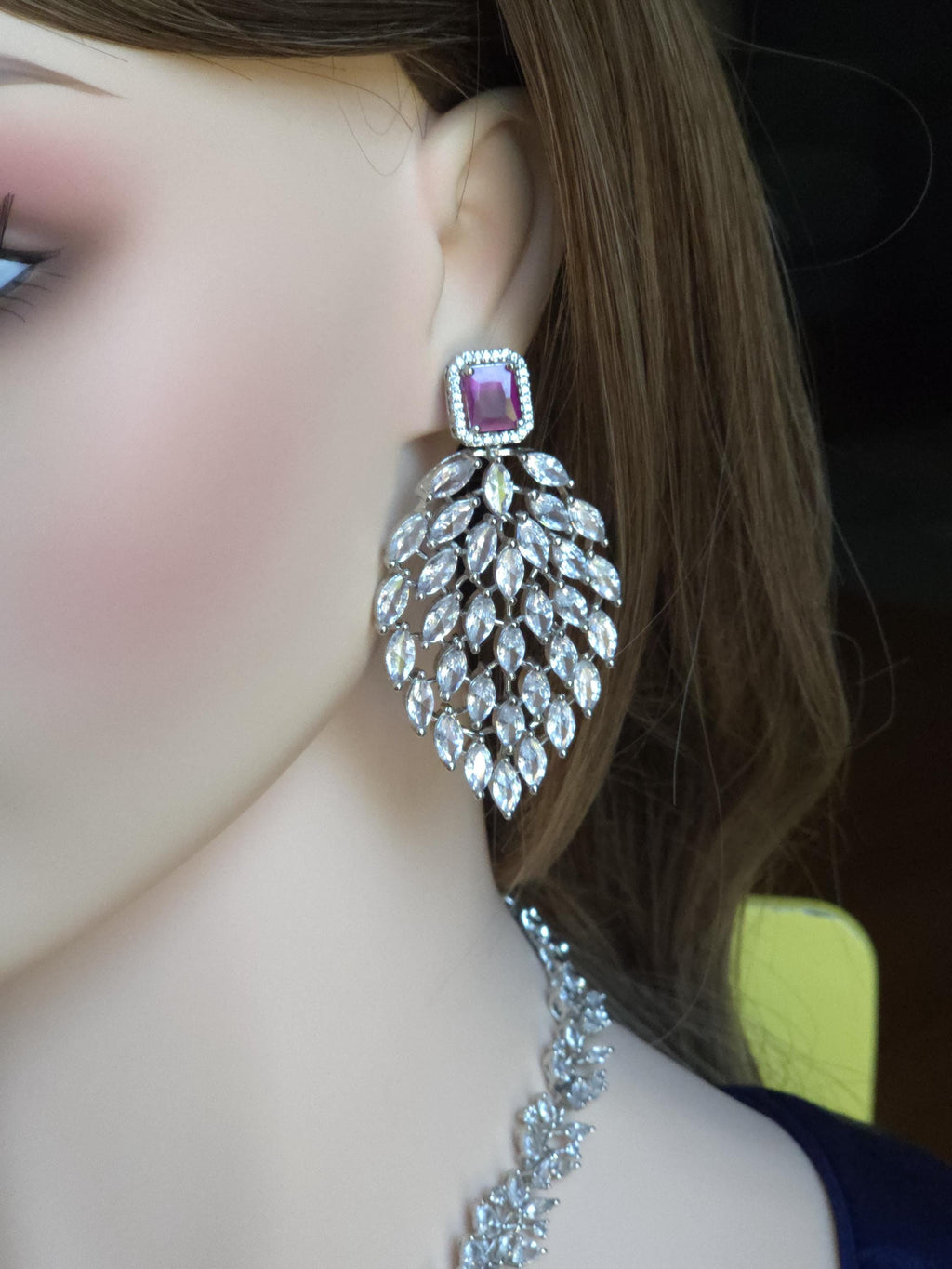 Marquise CZ Waterfall Necklace Set Magenta Blue Indian Wedding Jewelry Sahar