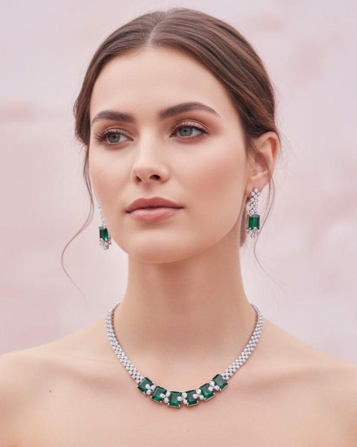 Emerald Cut CZ Necklace Set Blue Pink Green Red Bridal Jewelry Simra