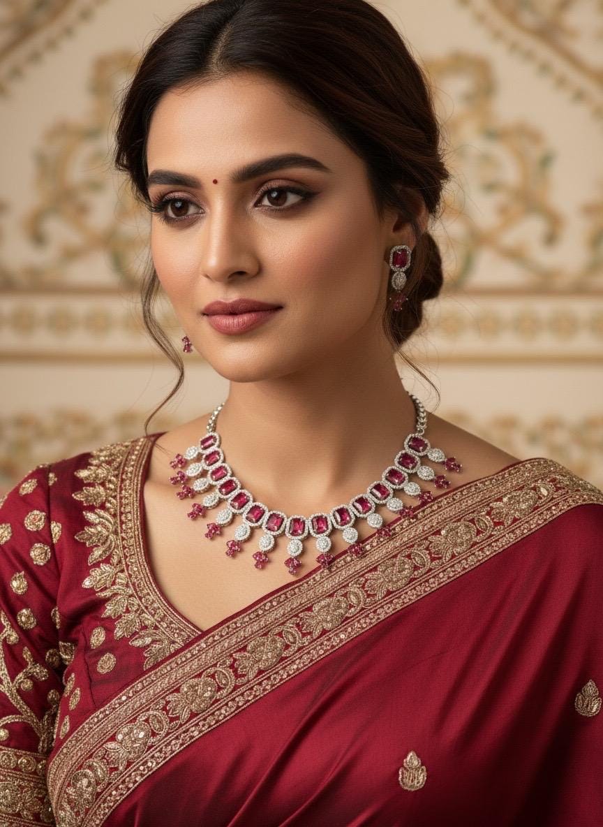 CZ Choker Necklace Set Pink Green Red Indian Bridal Jewelry Jiya