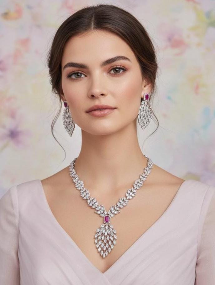 Marquise CZ Waterfall Necklace Set Magenta Blue Indian Wedding Jewelry Sahar