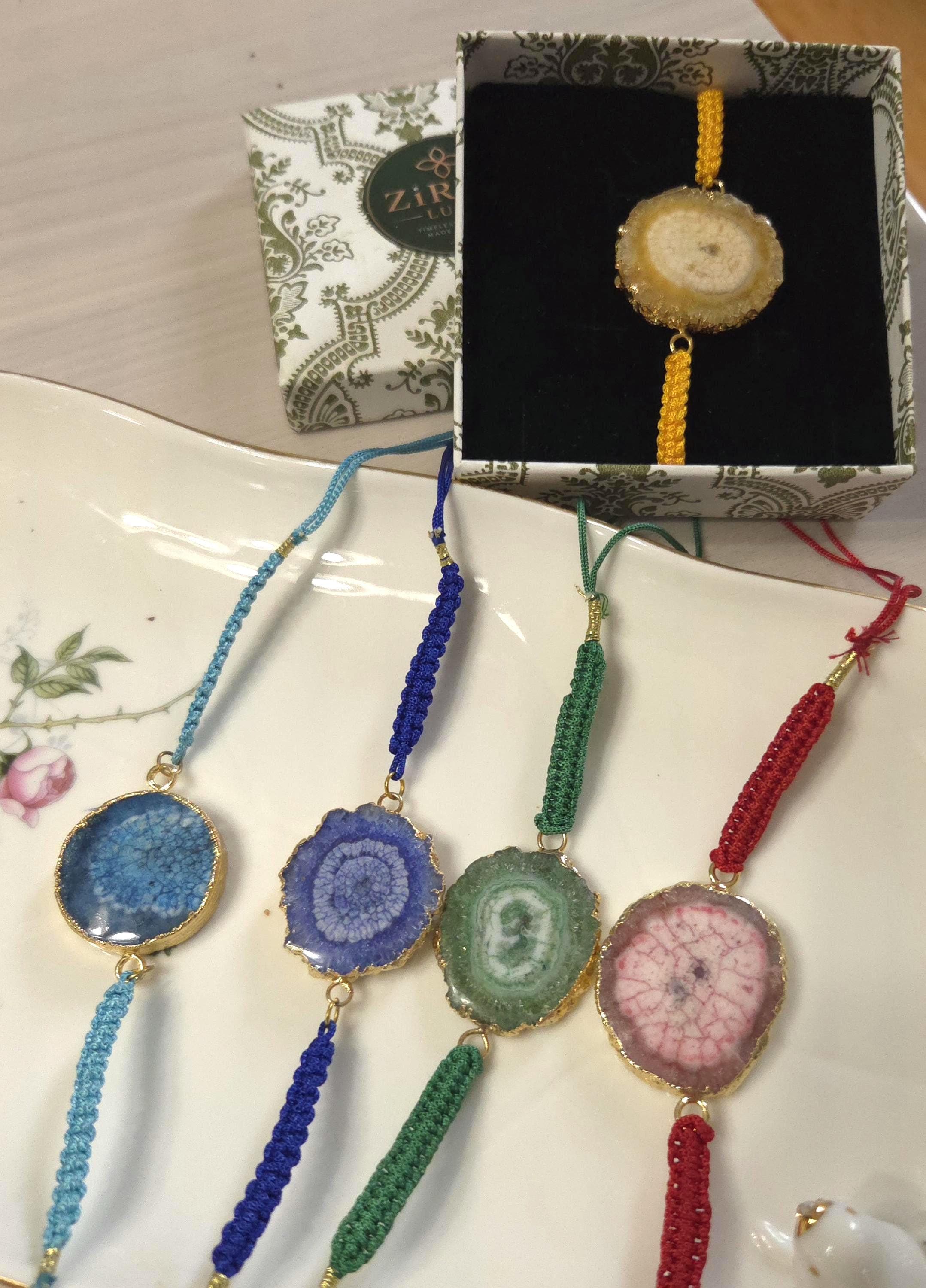 Natural Agate Slice Rakhi Bracelet Handmade Gemstone Raksha Bandhan Gift Tara
