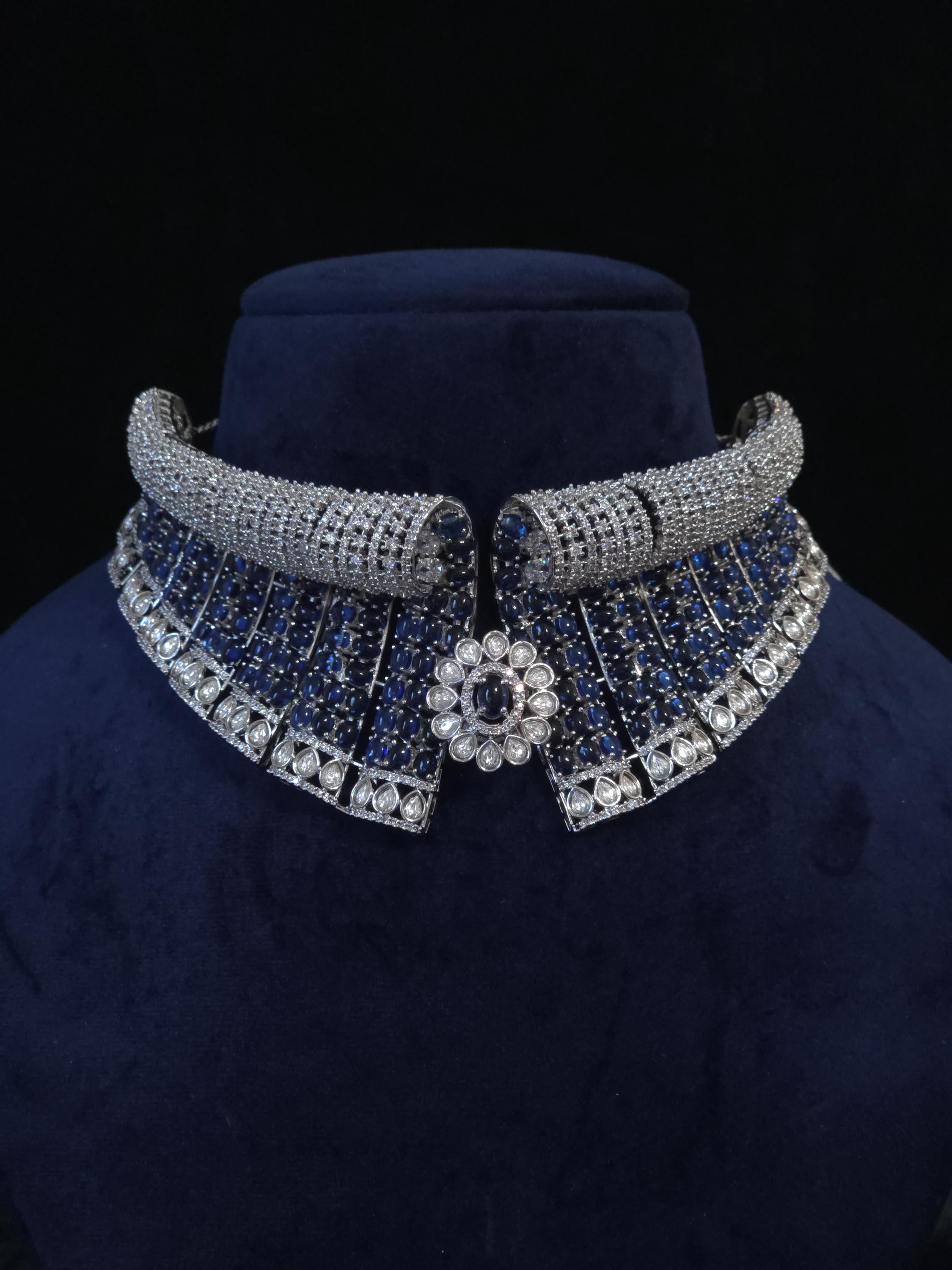 Blue Black Bridal Choker Necklace Set CZ Statement Collar Indian Pakistani Wedding Jewelry Nisha