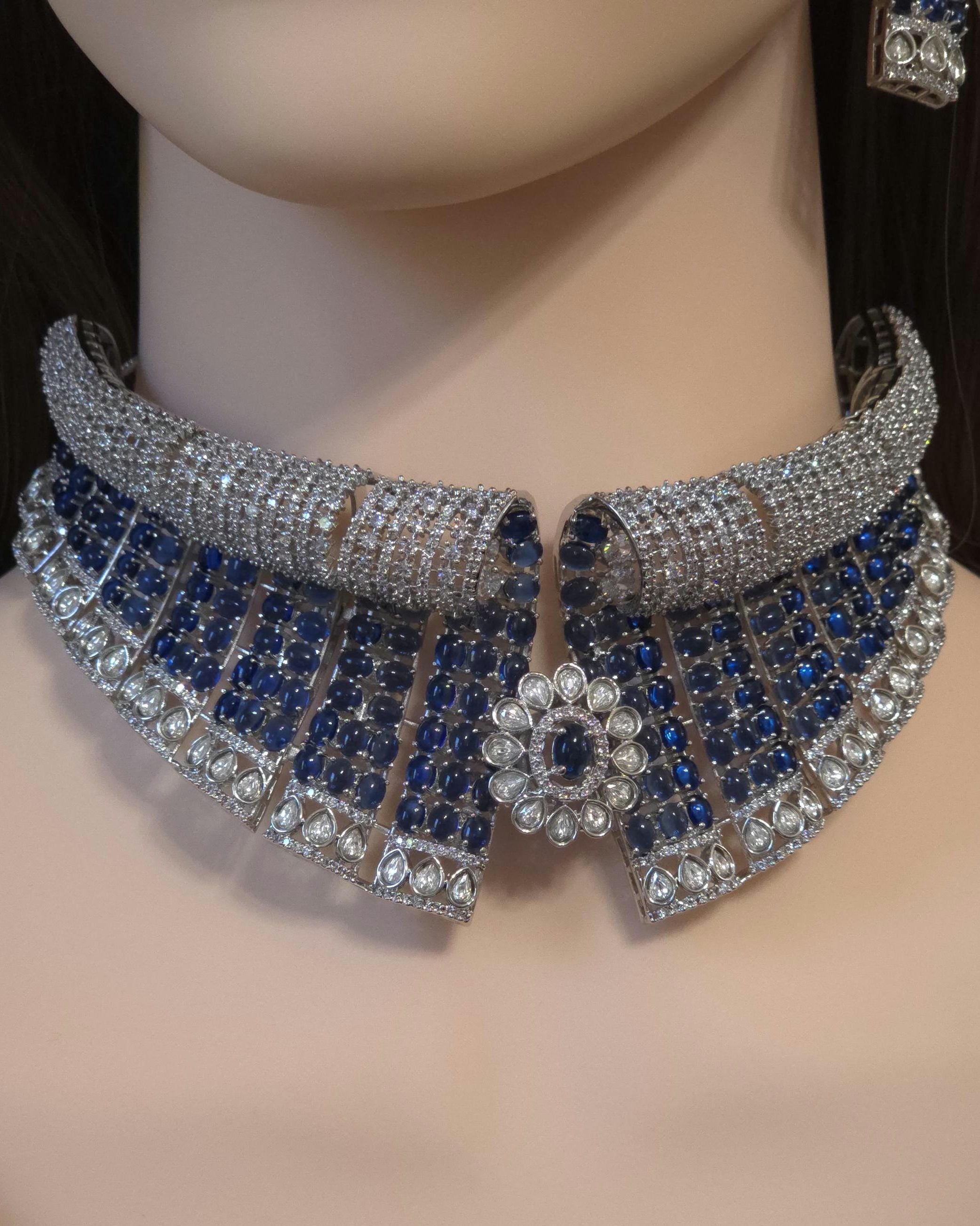 Blue Black Bridal Choker Necklace Set CZ Statement Collar Indian Pakistani Wedding Jewelry Nisha