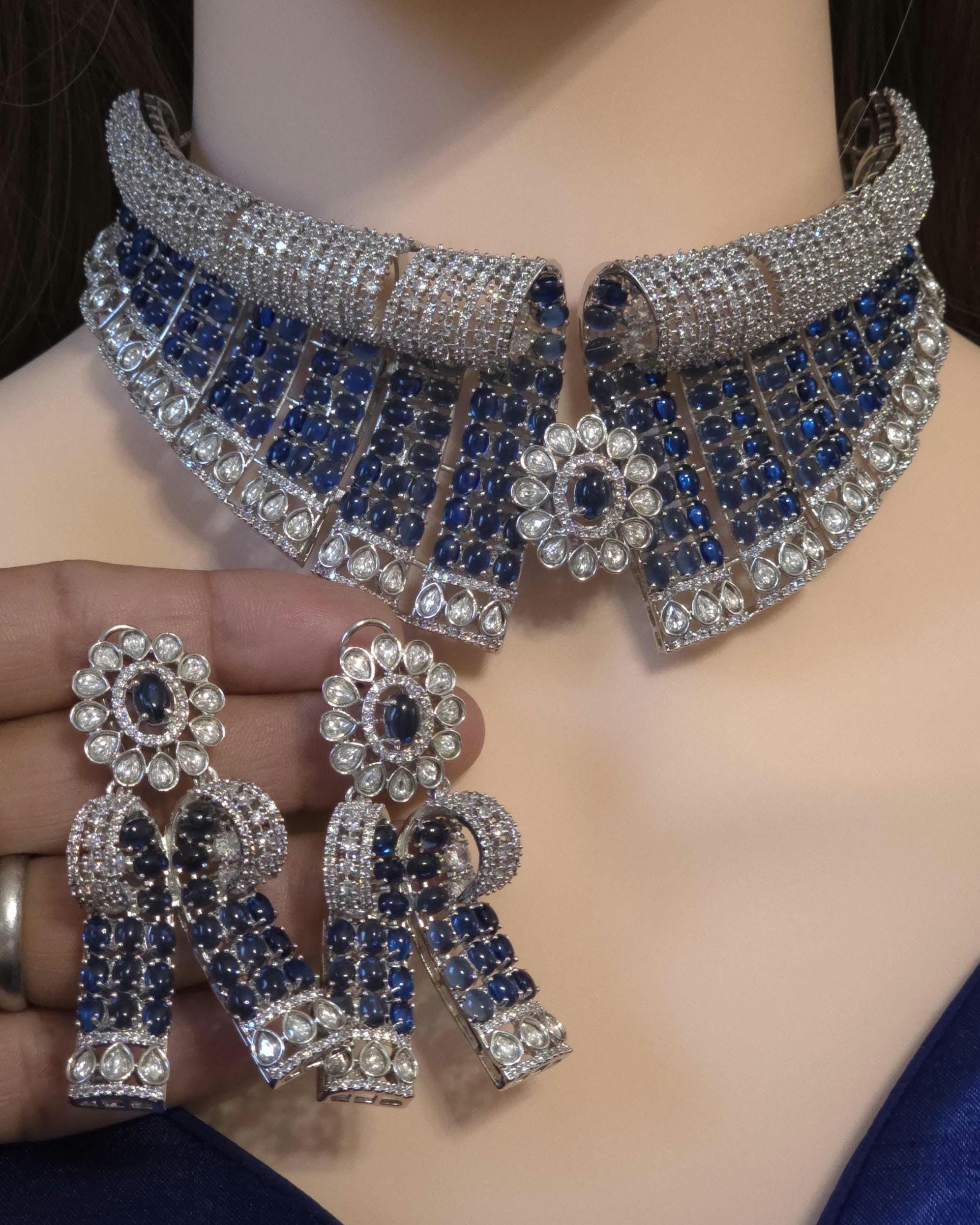 Blue Black Bridal Choker Necklace Set CZ Statement Collar Indian Pakistani Wedding Jewelry Nisha