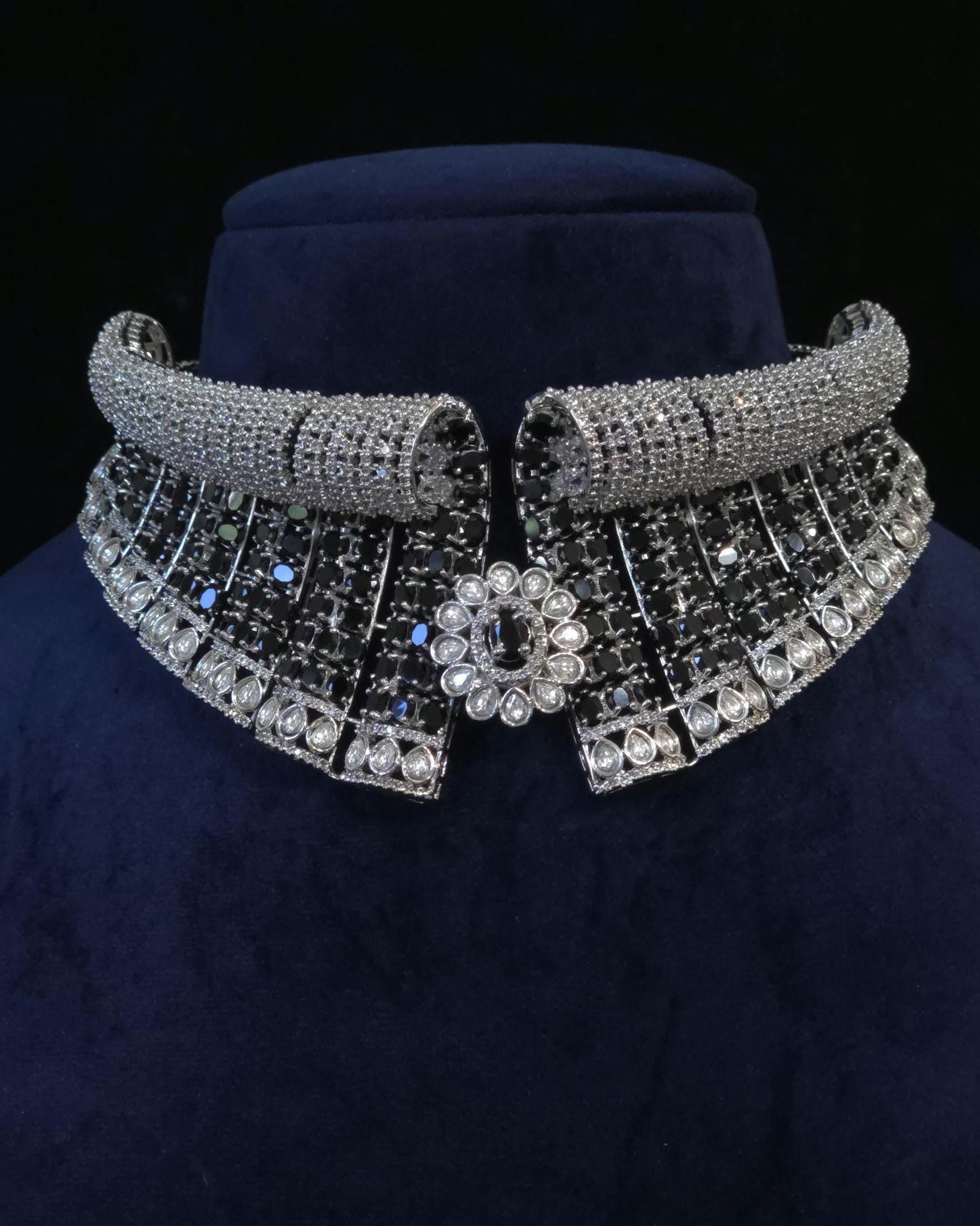 Blue Black Bridal Choker Necklace Set CZ Statement Collar Indian Pakistani Wedding Jewelry Nisha