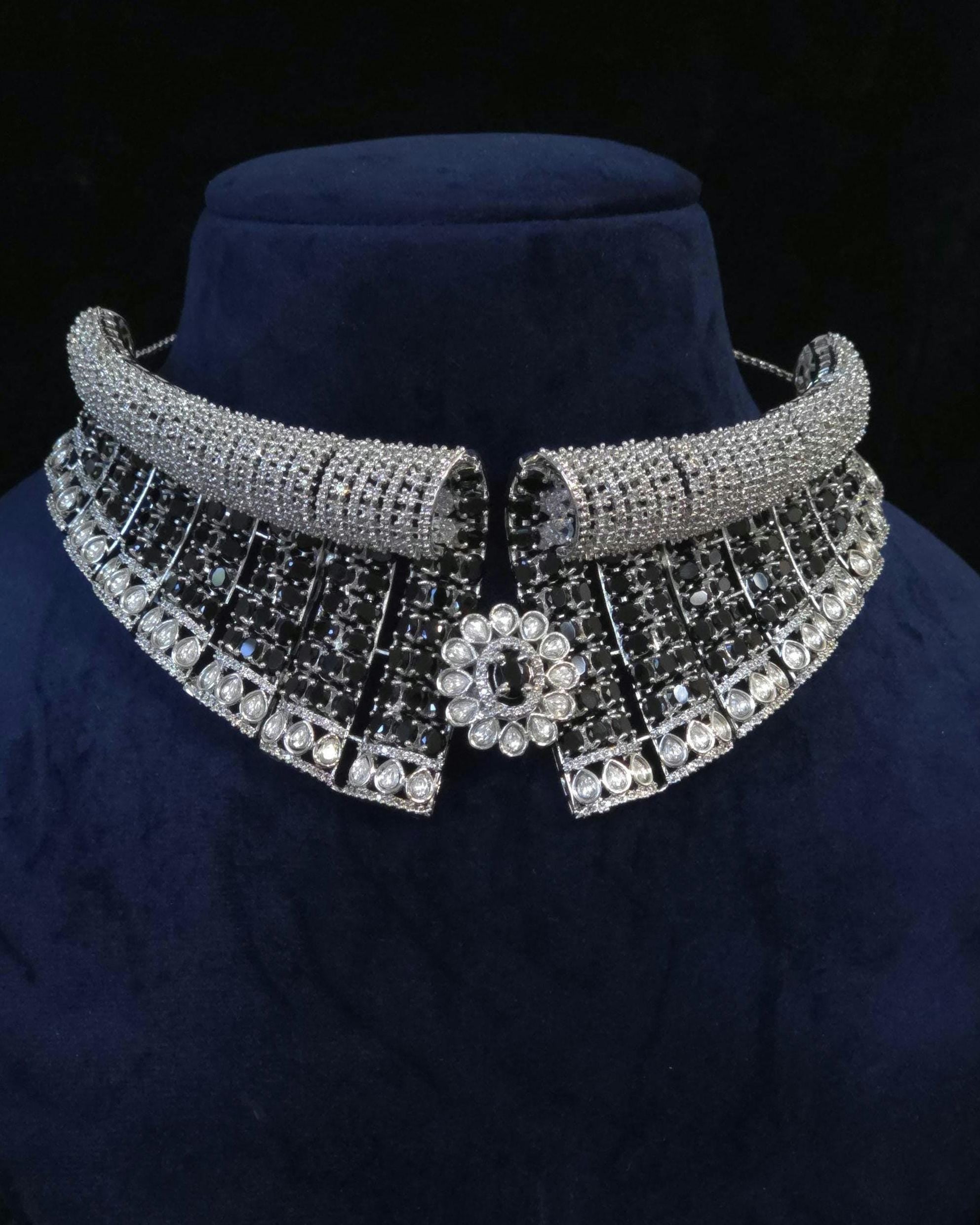 Blue Black Bridal Choker Necklace Set CZ Statement Collar Indian Pakistani Wedding Jewelry Nisha