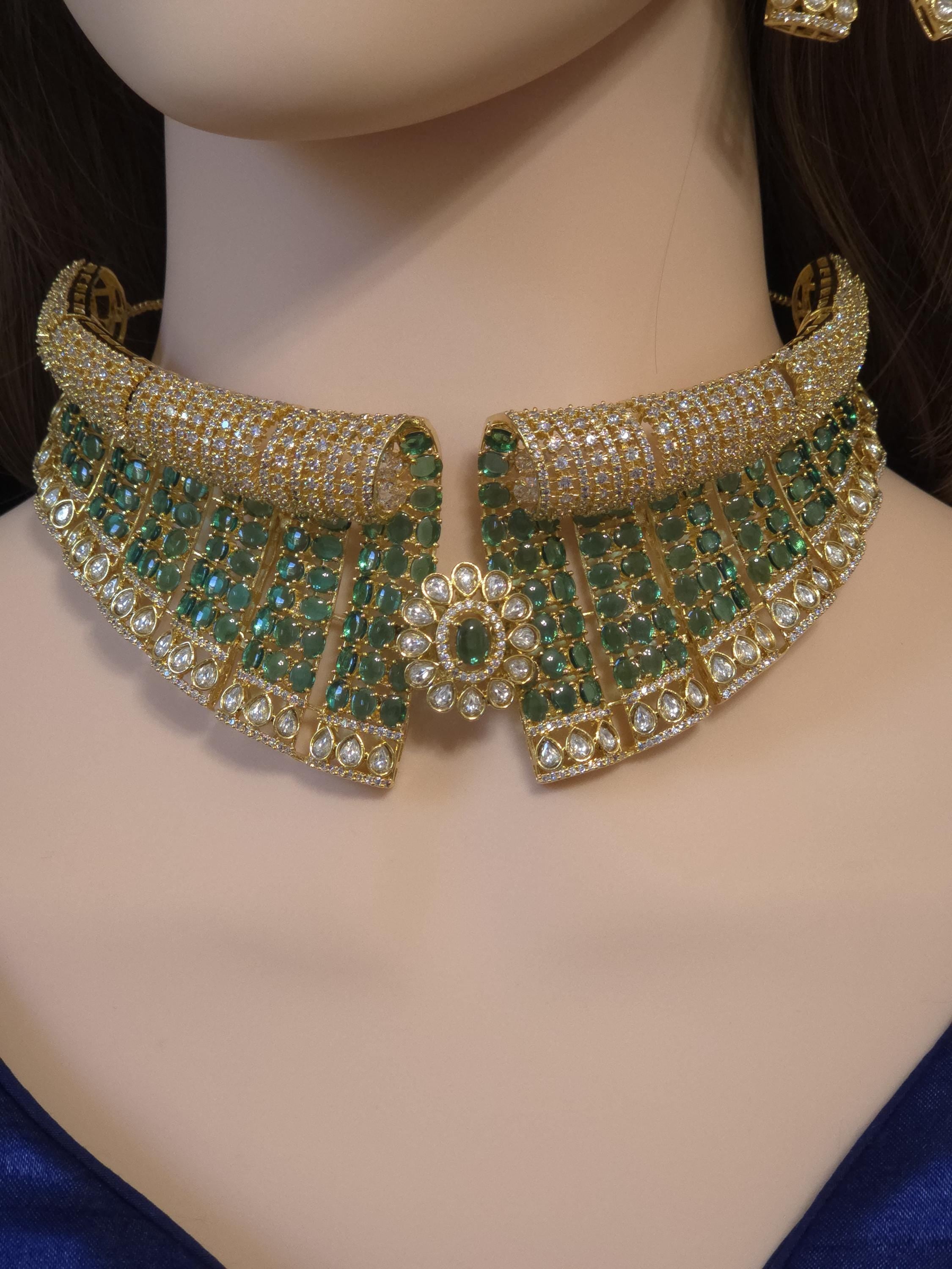 Green Bridal Choker Necklace Set Gold Plated CZ Indian Pakistani Wedding Jewelry Mehndi