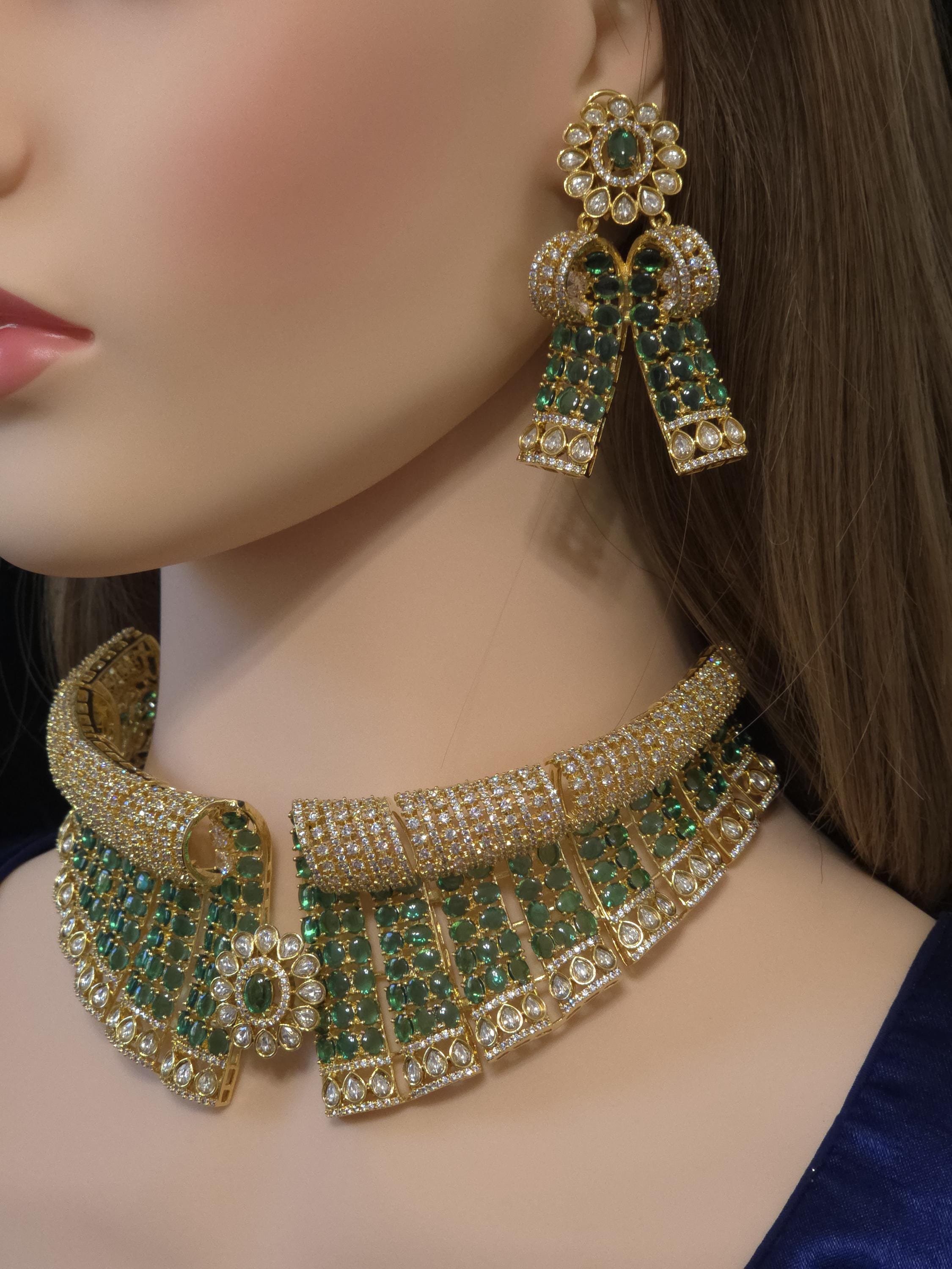 Green Bridal Choker Necklace Set Gold Plated CZ Indian Pakistani Wedding Jewelry Mehndi
