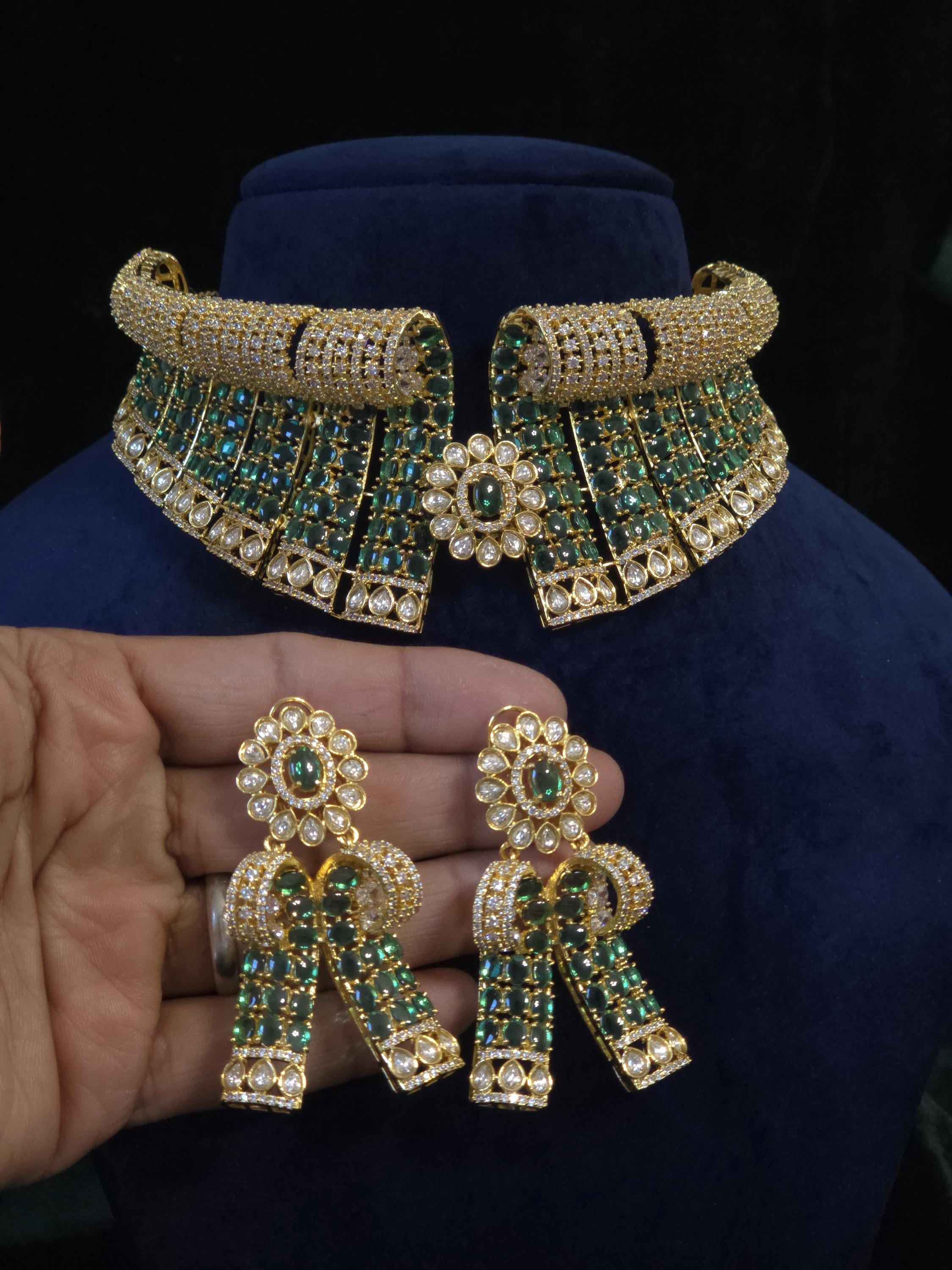 Green Bridal Choker Necklace Set Gold Plated CZ Indian Pakistani Wedding Jewelry Mehndi