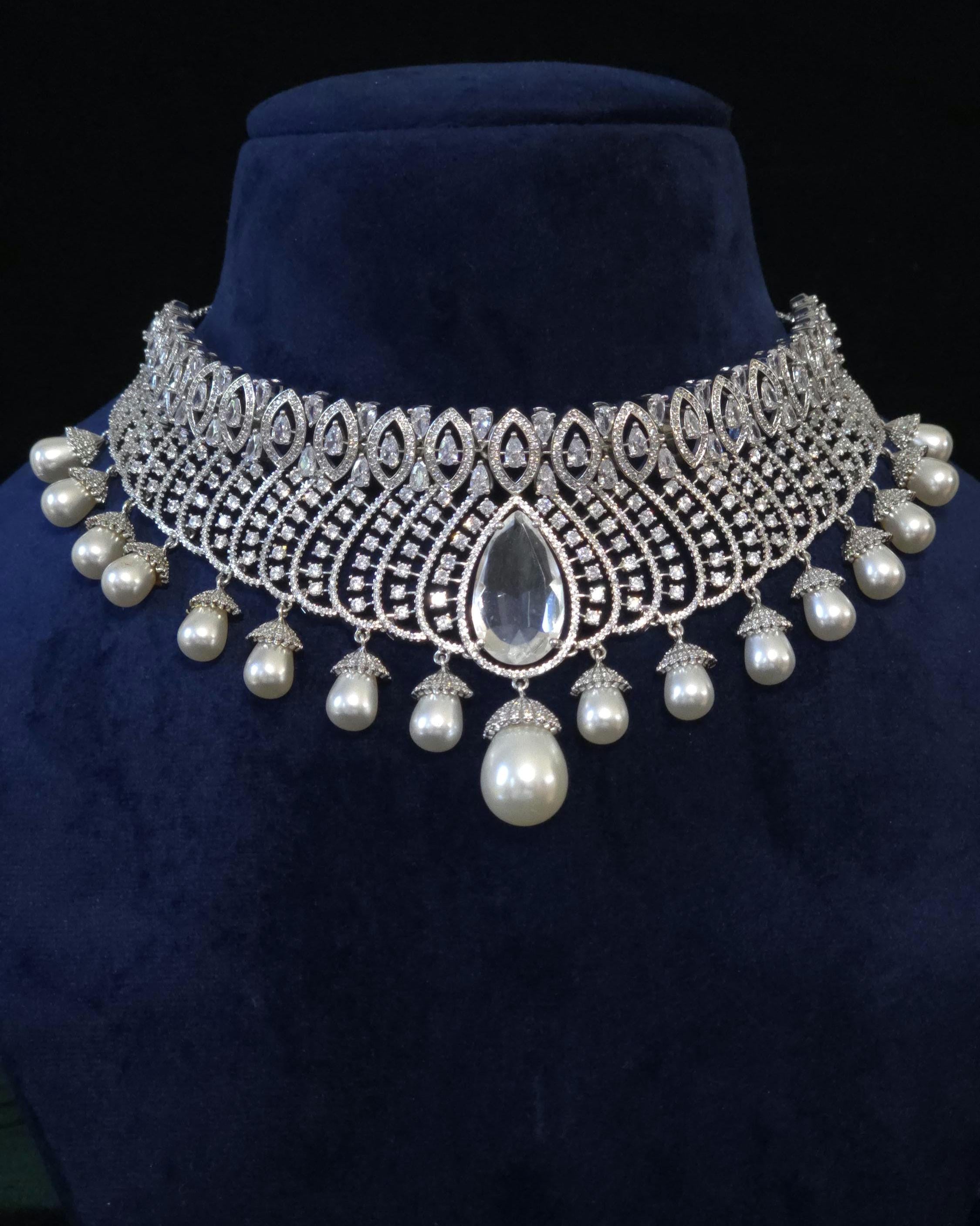 Pearl CZ Bridal Choker Set Indian Pakistani Wedding Necklace Nikah Walima Jewelry Moti