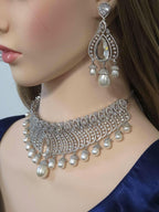 Pearl CZ Bridal Choker Set Indian Pakistani Wedding Necklace Nikah Walima Jewelry Moti
